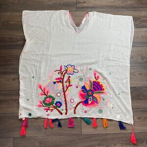 Lovestitch Granada Caftan Women's One Size White Floral Embroidered 100% Cotton‎